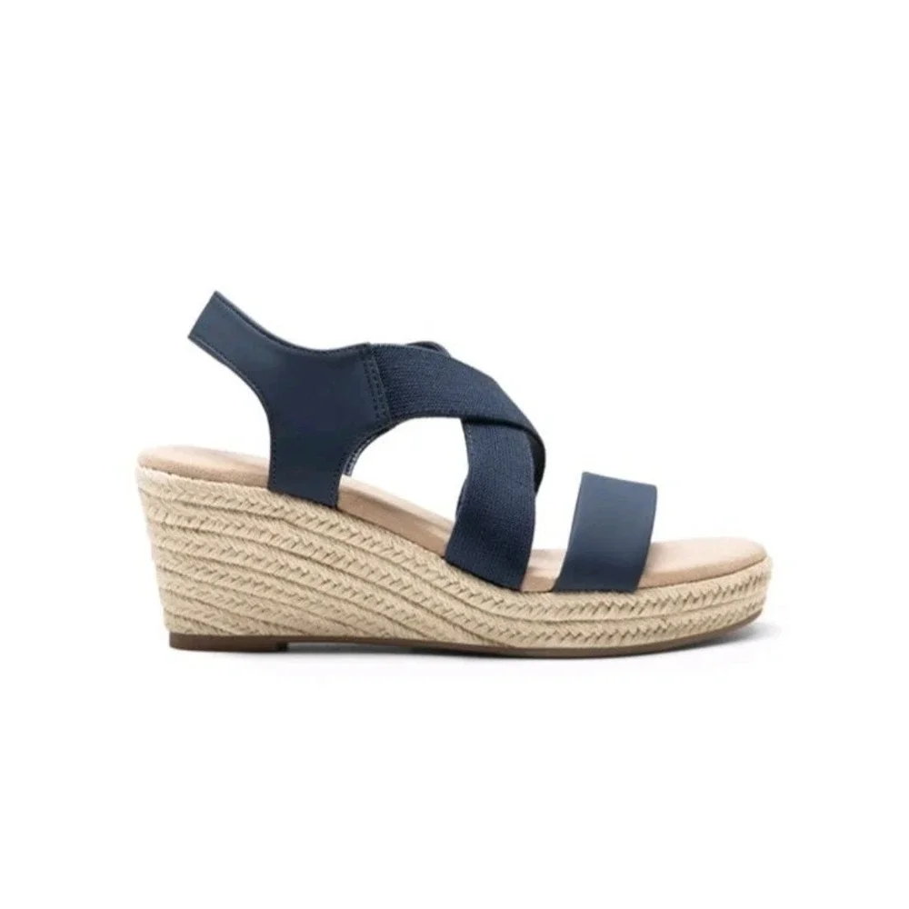Women Elastic Ankle Strap‎ Espadrilles Wedge Sandals Open Toe Casual Sz 7 Navy